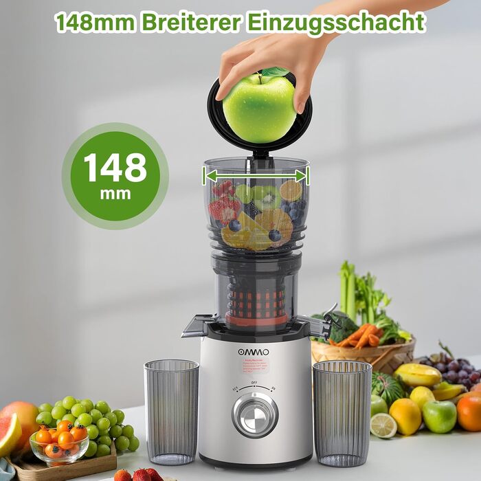 Шнекова соковижималка OMMO Slow Juicer для овочів та фруктів, 300 Вт, срібляста