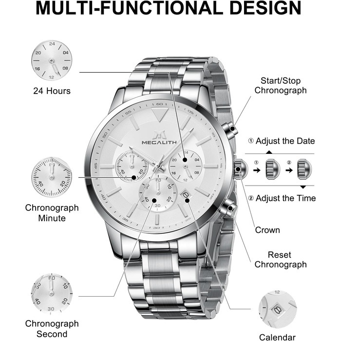 Чоловічий годинник MEGALITH з нержавіючої сталі, хронограф, водонепроникний: велике циферблат, дата, стильний подарунок для чоловіків (8345 Silver)