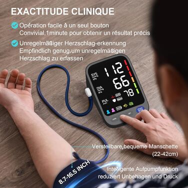 Тонометр WAJ на плече з великою манжетою (22-42 см) для дому | LED-дисплей 6,4 дюйма | Виявлення аритмії | 2×120 місця пам'яті | Вимірювання пульсу, білий (чорний)