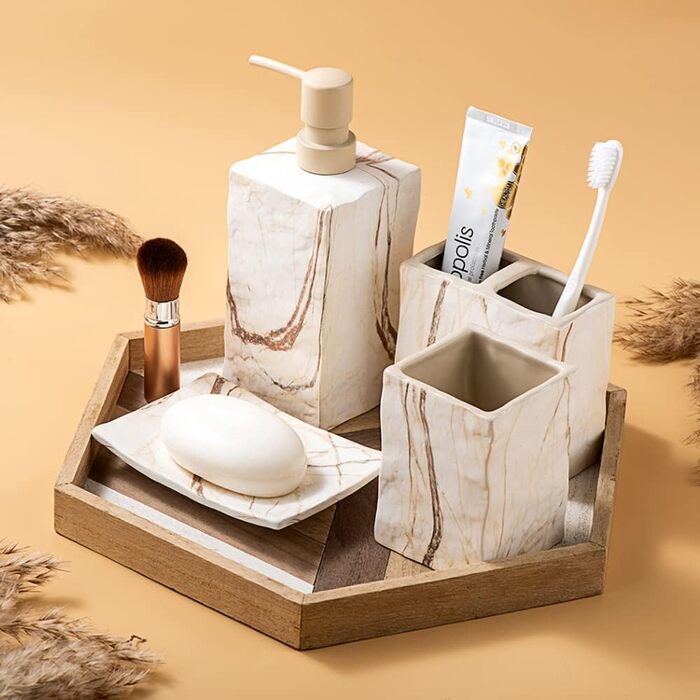 Набір аксесуарів для ванної кімнати керамічний 4 предмети в ретро стилі, коричневий мармур - мильниця, дозатор для мила, стаканчик для зубних щіток