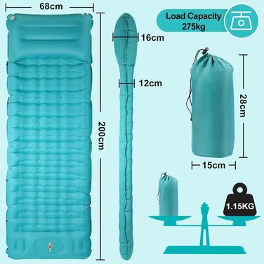 Надувна ізольована каремат для кемпінгу DeeprBling з самонадуваванням та помпою, 200x70x10 см