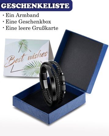 Чоловічий браслет на руці - шкіряний браслет з нержавіючою сталевою магнітною застібкою - плетений шкіряний браслет - браслети для чоловіків як подарунок на день народження, День святого Валентина, Різдво або День батька Чорний 21см