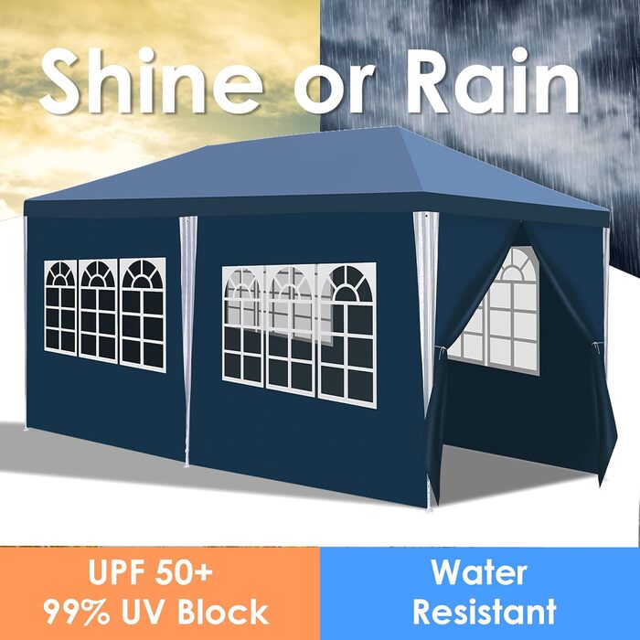 Garden Pavilion 3x6m Garden Pavilion with 6 Side Walls and Windows, Stable, UV Protection, Waterproof, Party Pavilion, Folding Gazebo, Party Tent, for Outdoor Use, Garden, Party, Wedding, Blue