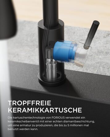 Кран кухонний FORIOUS з висувною лійкою, 360° обертання, 2 режими, матовий чорний