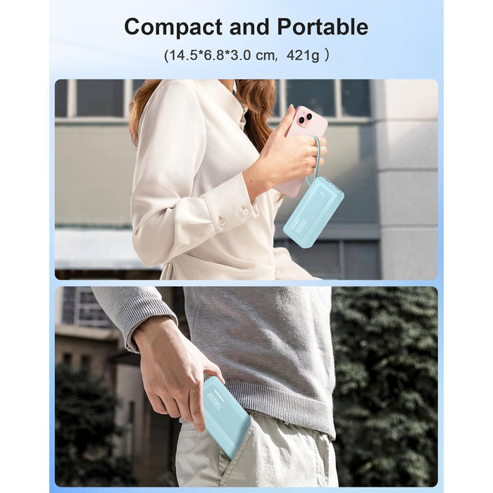 Power Bank 20000mAh, 22.5W, 6 виходів, 2 входи, LED дисплей, сумісний з iPhone, Samsung, Pixel, блакитний