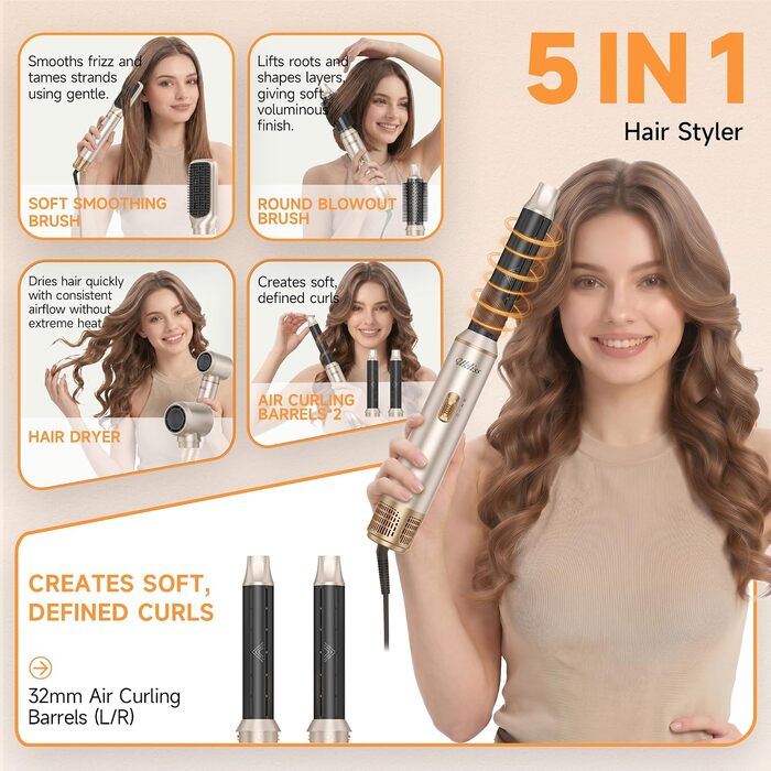 Мультистайлер для волосся 6 в 1 UKLISS Air Styler Set: фен-щітка, диффузор, плойка та вирівнювач, 1000 Вт, LCD-дисплей, Срібно-золотий