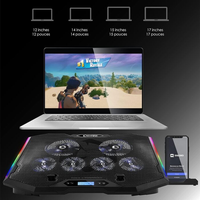Ігровий охолоджувач для ноутбука EMPIRE GAMING Guardian S-C100 RGB, 6 вентиляторів, LCD-контролер, 5 рівнів висоти, підставка для смартфона, для ноутбуків 12-17 дюймів