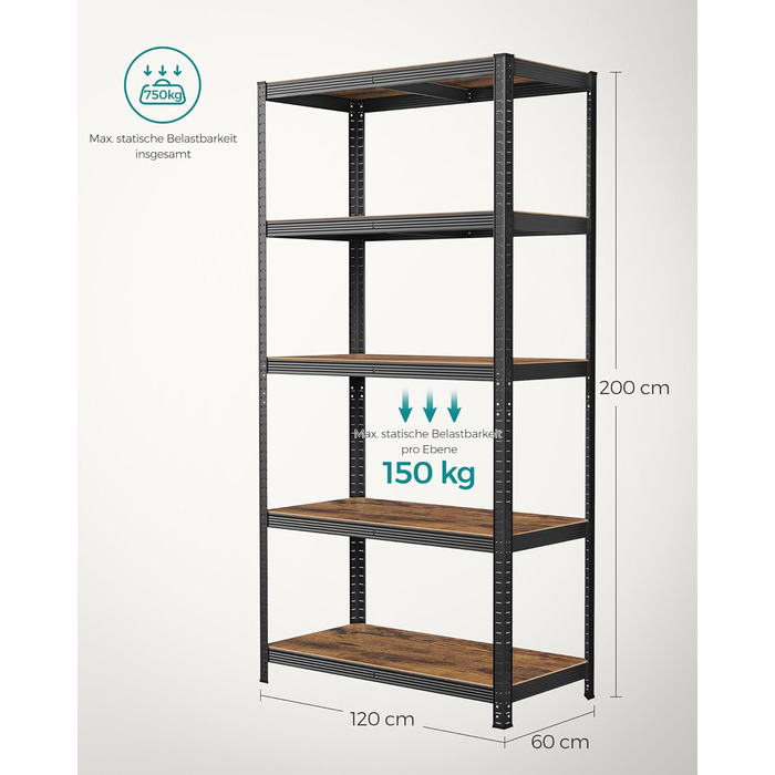 SONGMICS Industrial 5-Tier Shelf Unit - Vintage Brown & Black (60x120x200cm)