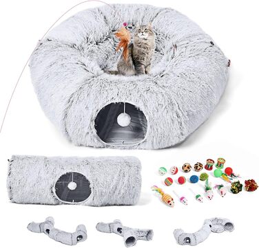 Odoland Cat Tunnel - Large Cats, Foldable Cat Tunnel with Play Ball Cat Bed, Multifunctional Crinkle Tunnel Cat Cave Interactive Toy for Indoor Kittens