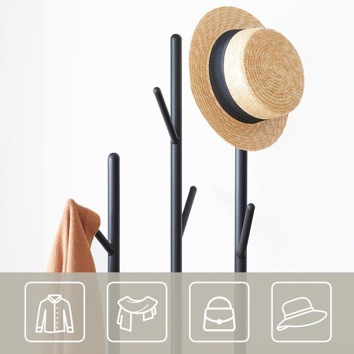 HOOBRO Coat Rack, Freestanding Clothes Rack, Tree-Shaped Wardrobe with 8 Hooks, 2 Round Shelves, for Clothes, Hat, Bag, Living Room, Bedroom, OfficeDark Brown-Black EBF33YM01G1 (Greige + Black)