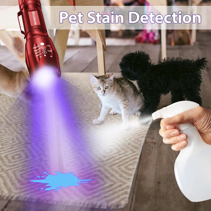 Ліхтар UV 2-в-1, 395нм, детектор фальшивих грошей та сечі тварин, 4 режими, 40W (червоний), з 3 AAA батарейками
