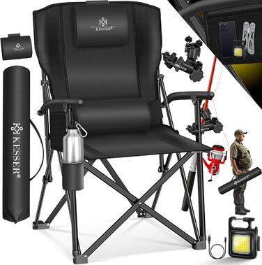 Кресlo для кемпінгу KESSER® розкладне, до 160 кг | Зручне рибальське крісло з підлокітниками, кишенею для напоїв та світлом | Чорний колір