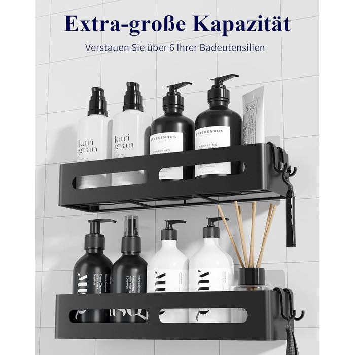 Настінна поличка для душу без свердління Kitsure, 2 шт., чорна, 33.5 x 12.0 x 5.5 см