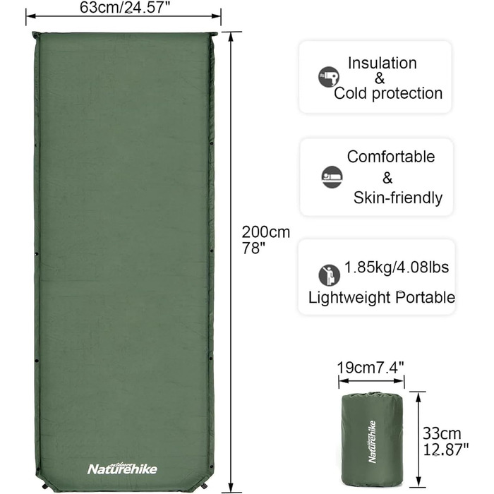 Naturehike Каремат для кемпінгу надувний, 6 см, сірий/зелений