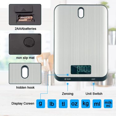 Кухонні ваги QL: цифрові, до 10 кг, з нержавіючої сталі, LCD дисплеєм та функцією тарування. Ідеальні для випічки та приготування їжі. Чорний колір.