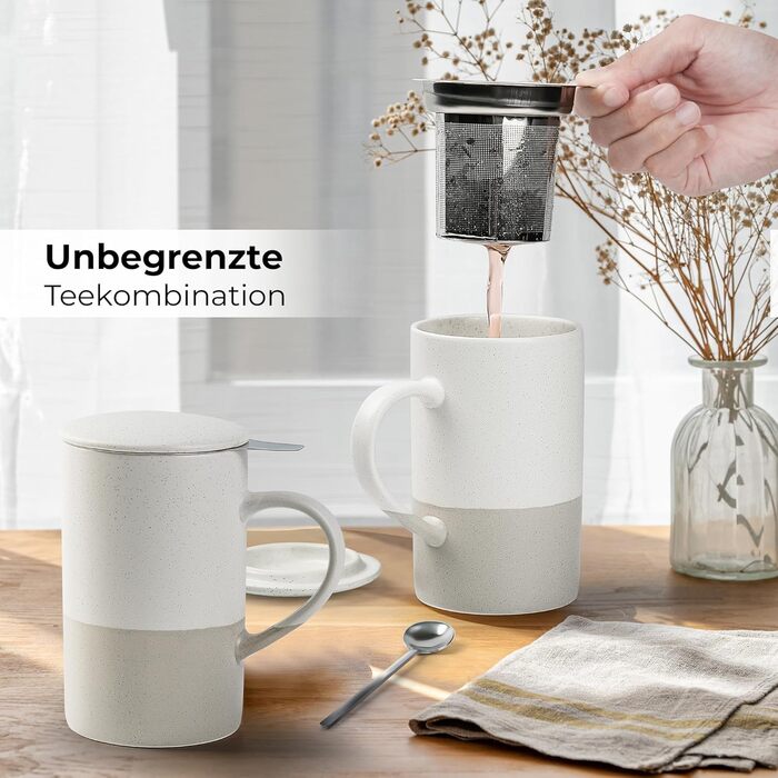 Набір чайних чашок Miamio 2 x 500 мл з кришкою та ситом, з чайним ситечком та ложкою, для заварювання листового чаю, подарунок для жінок, сумісний з мікрохвильовою піччю та посудомийною машиною (сірий)