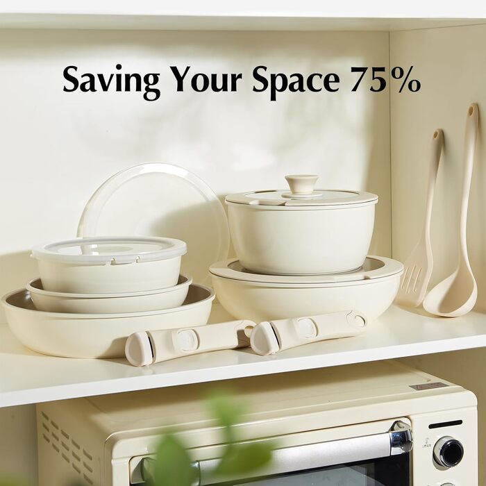 Набір посуду Redchef 16 предметів: каструлі та сковорідки з керамічним антипригарним покриттям, без PFAS, PFOA та PTFE. Підходить для кемпінгу, приготування їжі в духовці, бежевий колір.