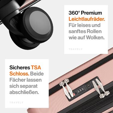 Чемодан Travely з полікарбонату, 77 см, XL, 100 л, з TSA-замком, рожеве золото. Розмір у зібраному вигляді: 158 см.