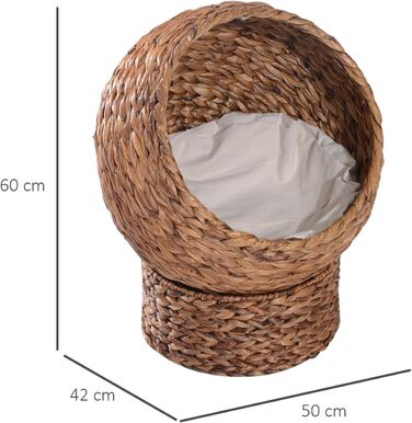 PawHut Rattan Cat Basket Cat Cave Cat House Cat Bed with Cushion Pet Bed Water Hyacinth Brown 50 x 42 x 60 cm