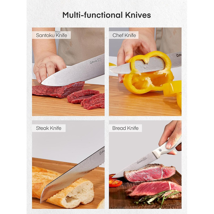 D.Perlla 14-Piece Self-Sharpening Knife Block Set - Professional Stainless Steel Kitchen Knife Set with Plastic Handle & Wood Block