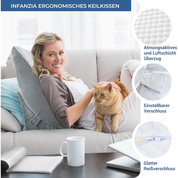 Регульоване клиновий подушник, ергономічний подушник з валиком для шиї з високощільним пінополіуретаном для ліжка та дивана. Підходить для лікування рефлюксу, апное уві сні, для читання, ігор та перегляду телевізора