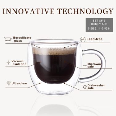 Набір чашок для еспресо ParaCity (2 шт.), 180 мл, з подвійним ізоляцією, для капучино/лате/кави/чаю, з ручкою, прозорі, для подорожей та кемпінгу