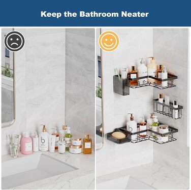 YEAUPE PRO Поличка для душу без свердління в кут – 5-елементний набір для ванної кімнати з 2 кутовими полицями, мильницею, тримачем для зубних щіток та кошиком, самоклеюча поличка на стіну, чорний кутовий кріплення