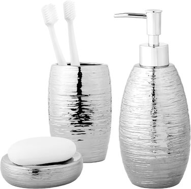 Набір для ванної кімнати Navaris Premium - Сріблястий, з дозатором мила, мильницею та стаканчиком для зубної щітки