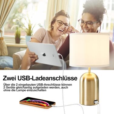 Настільна лампа GyroVu з USB-портом, сенсорним керуванням, 3 рівнями регулювання яскравості, тканинним абажуром та золотим підставою для спальні, вітальні та домашнього офісу