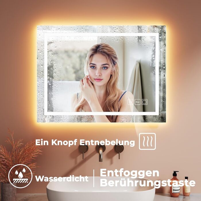 Дзеркало для ванної кімнати з підсвічуванням 60x50x3,5 см, LED, 6400K, біле світло, економія енергії, вертикальне/горизонтальне кріплення, антизапар, 3 колірні температури