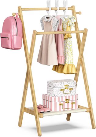 Kids' Clothes Rack, Small Clothes Rack for Toddlers and Pets, Dress-Up Rack with Storage Shelf and Double Rods, Folding Clothes Rack for Kids' Rooms (Standard Size) (Small Size)