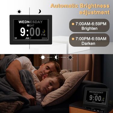 20.3 cm Extra Large Digital Alarm Clock with Limited Visibility, Day and Time for Seniors, Calendar Clock, Automatically Dimming Clock