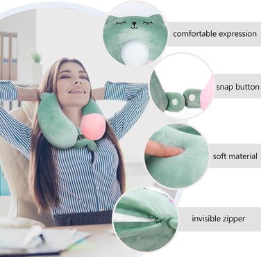 Подушка для шиї дитяча та доросла, у вигляді тваринки, 33x30 см, Memory Foam, для подорожей, літака (зелена)