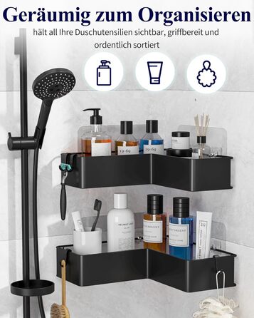 Поличка для душу Kitsure L-подібної форми без свердління - 2 шт. Міцна поличка для кута без свердління з 4 гачками та клейкими смугами, нержавіюча сталь для ванної, кухні та пральні, 24,4 x 11,9 x 6,2 см, Чорний