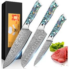 Набір кухонних ножів Damast Santoku 3 шт. з лезом 18 см (VG-10 сталь, ручка Abalone), подарункова коробка