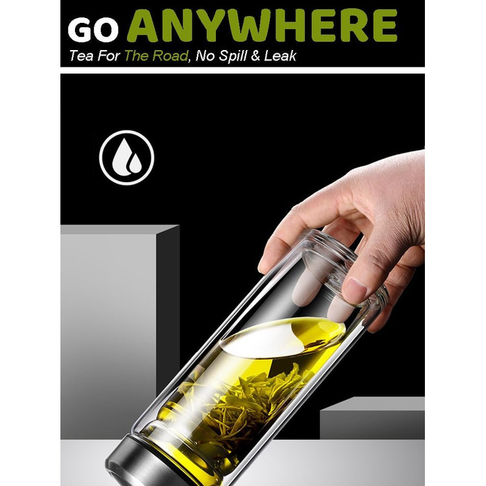 Double-walled glass tea bottle 1 liter with 2-in-1 stainless steel strainer to go, 1000ml large volume, tea bottle 100% leak-proof 1 l (500ml (Anytime))