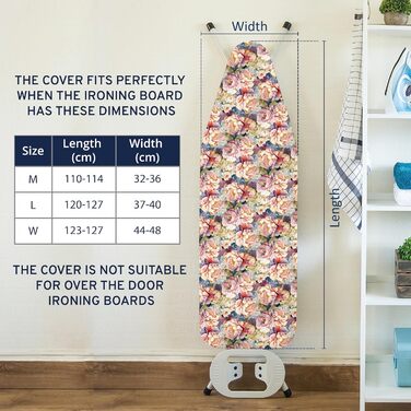 Набір для прасування Encasa XO з квітковим принтом Wildblumen, середній розмір 44'x13', товста фетрова підкладка 4 мм, еластична стрічка з фіксатором, силіконовий підставка для праски, сітчаста тканина, стійка до високих температур, придатна для прання