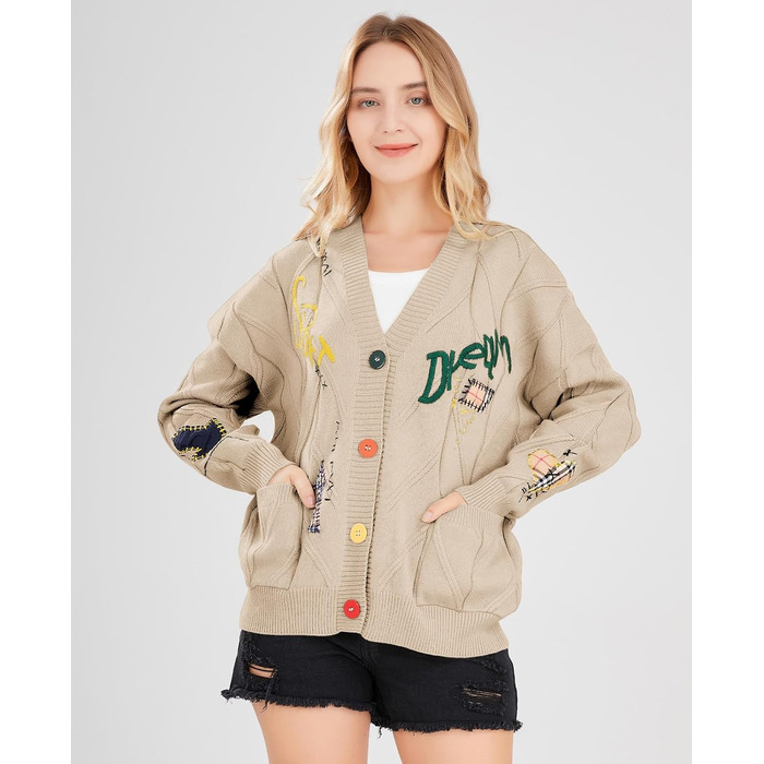 В'язаний кардиган Daen з косами, довгі рукави, відкрита передня частина, V-подібний виріз, ґудзикова застібка, вишивка, вовняна суміш, Пуловер, Куртка, Одяг для активного відпочинку (XXL, Хакі)