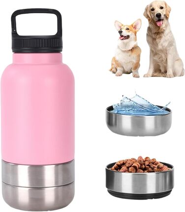 Водонепроникна пляшка для собак Dijiusidy 950мл, 3-в-1 з мискою, нержавіюча сталь, рожева, для подорожей, прогулянок, кемпінгу