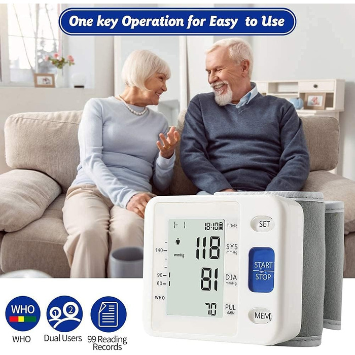 Автоматичний тонометр на зап'ястя: регульована манжета, 2 AAA батарейки, чохол. Виявлення нерегулярного серцебиття, пам'ять на 99 вимірювань, великий LCD-дисплей, білий/блакитний