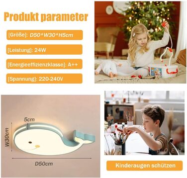 LED Ceiling Lamp Dolphin Shape, Dimmable with Remote Control, Boy Girl Baby Kids Children's Room Lamps Ceiling, Children's Room, Bedroom Lamp, Room Lighting Chandelier, White, 50cm (Green, 50)