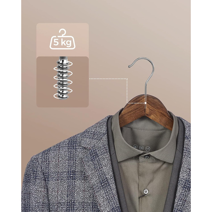 Плечики для одягу SONGMICS, 20 шт., з масиву дерева, з вирізами для плечей, неслизький тримач для штанів, обертовий гачок на 360°, для костюмів, сорочок, натуральний колір + срібловий