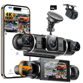 Відеореєстратор автомобільний 4K/1080P, двоканальний (перед/зад), 64GB SD-карта, 360° огляд, нічна зйомка, паркування, WiFi, IPS екран - чорний