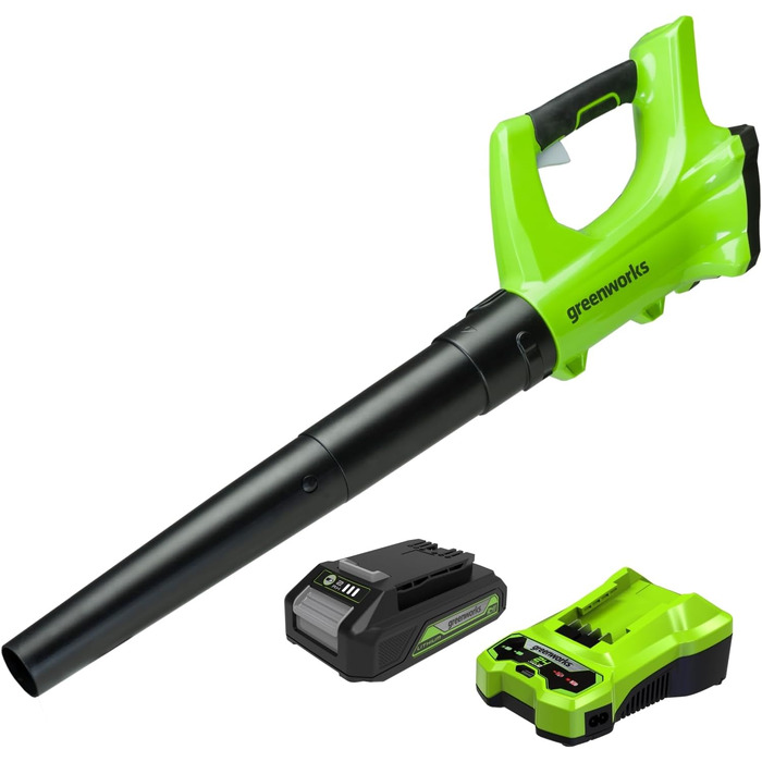 Greenworks G24ABK2 Axial Cordless Leaf Blower, 156 km/h, 4.27 m³/min, 24V 2Ah Battery & Charger, 3-Year Warranty