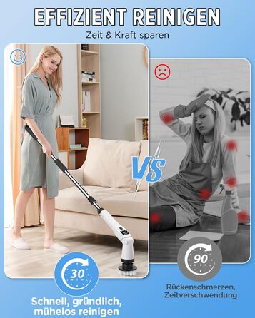 Електрична щітка для прибирання з 8 насадок, 3 швидкості, IP65 водостійка, регульована ручка, акумуляторна щітка для ванної, кухні, плитки, душу та кутів (біла)