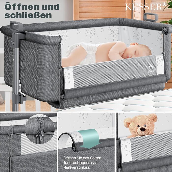 KESSER® Hubi 3in1 Bedside Bed, Travel Bed, Baby Bed with Soft Mattress, Mobile Bed, 5-Level Height Adjustment, Foldable Side Rail for Home and On the Go, Dark Grey
