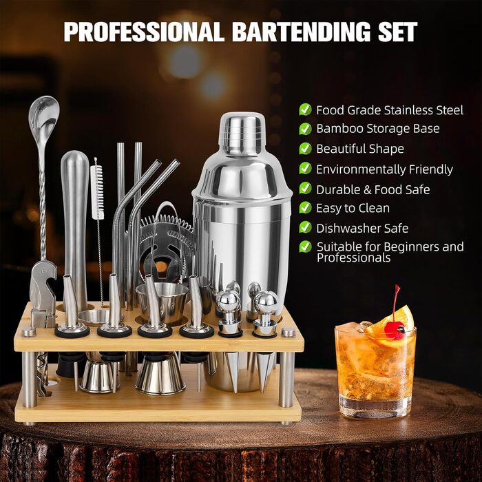 Набір шейкер для коктейлів зі стійкою, 750 мл, 20 предметів, нержавіюча сталь, професійний барменський набір, 4 силіконових підкладки, подарунок для чоловіків, жінок, друзів