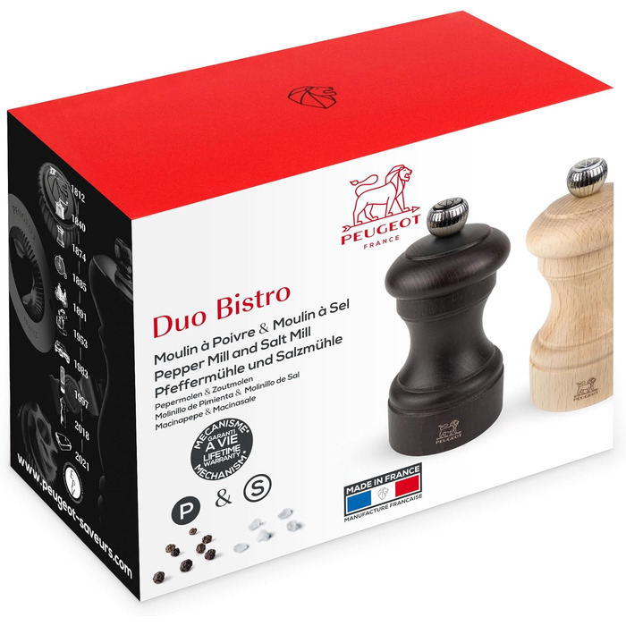 PEUGEOT Bistro Pepper/Salt Mill Set, Classic Grind Setting, Height: 10 cm, Wood, Natural/Black, 2/22594