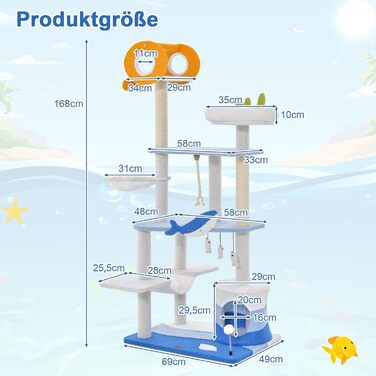 Котячий будиночок COSTWAY Ocean: когтеточка, лежанка, гамак, іграшки (блакитний, 165 см)