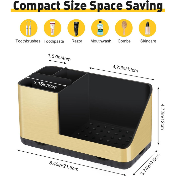 Тримач для зубних щіток у ванну кімнату: органайзер з отвором для стоку, для електричної та звичайної щітки, сірий (Brushed Gold)